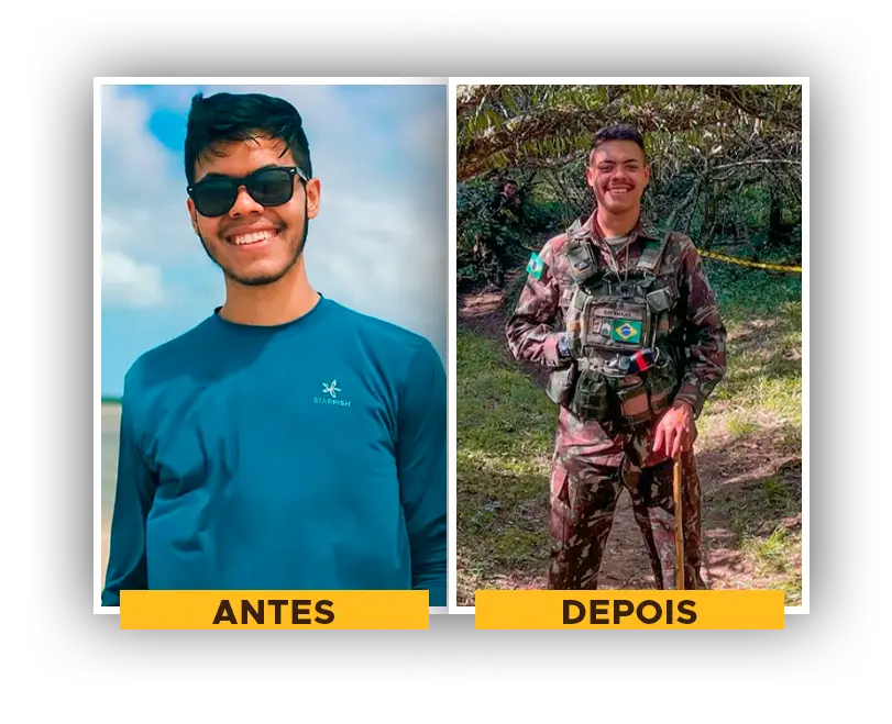Aluno do Universo Militar antes da preparação e depois de aprovado, fardado
